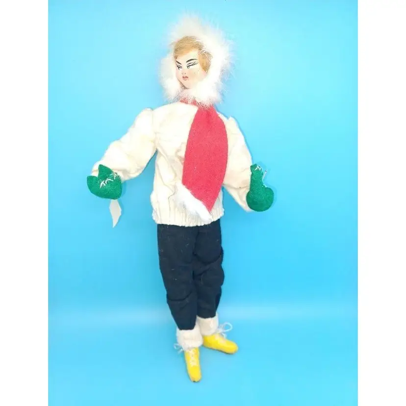 Vtg Klumpe Roland mohair felt doll skier Layna 12in with original hang tag