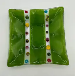 Green Fused Art Glass Trinket Dish 4.5” Square Mini Plate/ Bowl
