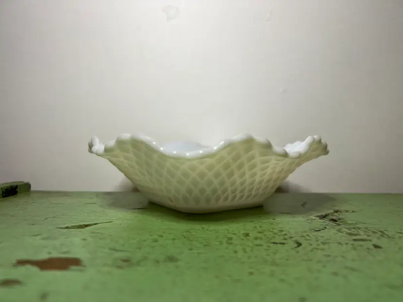 Vintage Milk Glass Ruffled Edge Diamond Cut Candy Dish.