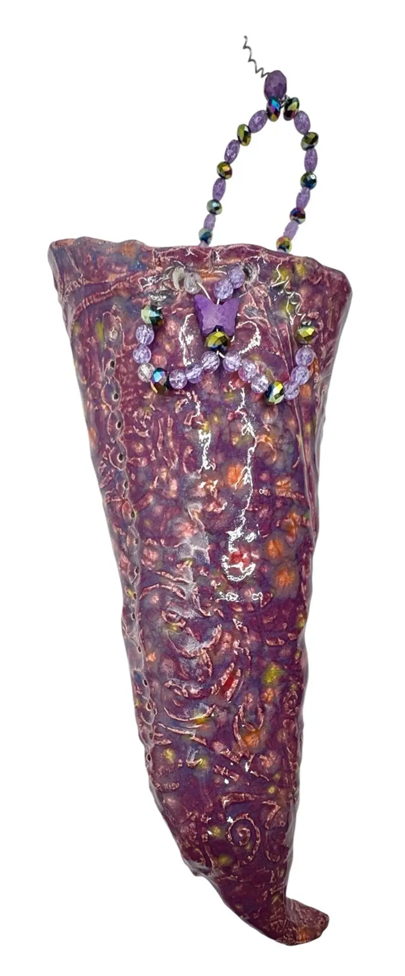 Signed Preston Studio Art Pottery Wall Pocket Hanging Vase Purple Beaded 14.5”
