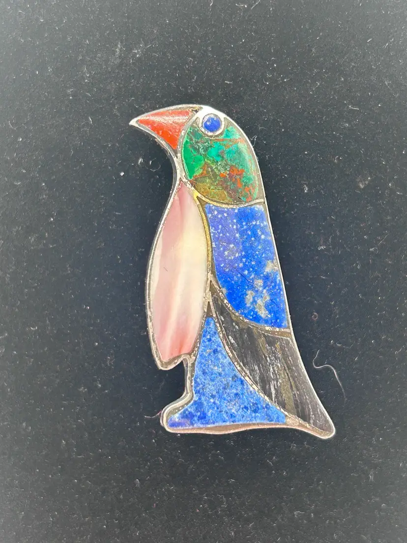 950 Silver Penguin Pin w Lapis Malachite Jasper  1 1/2”