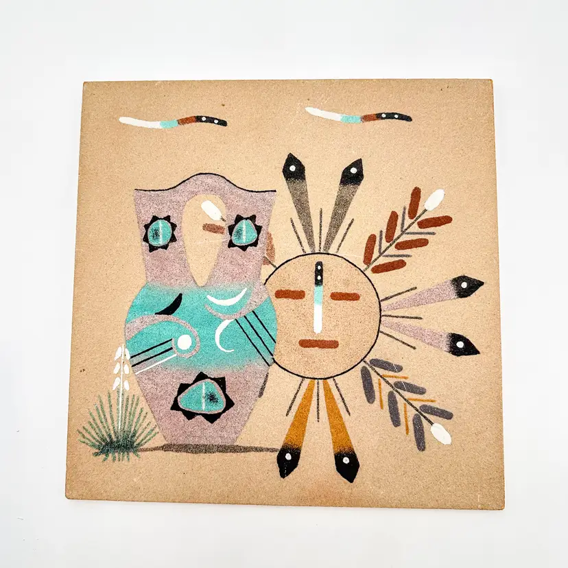 Native American Navajo Sun Blessing Pot Sand Painting Signed M Yazzie 12"x12" B25