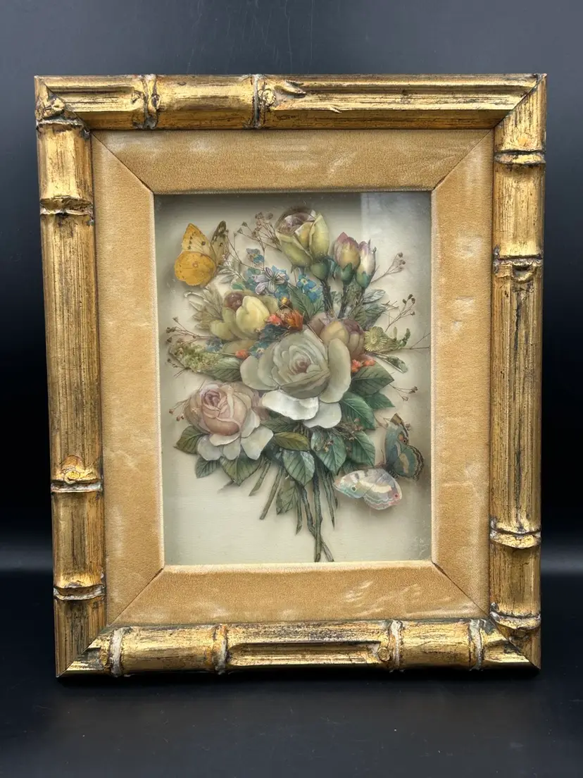 Vintage Framed And Matted, 3-D Decoupage Butterflies And Floral Paper Tole Art Dolores Patzer