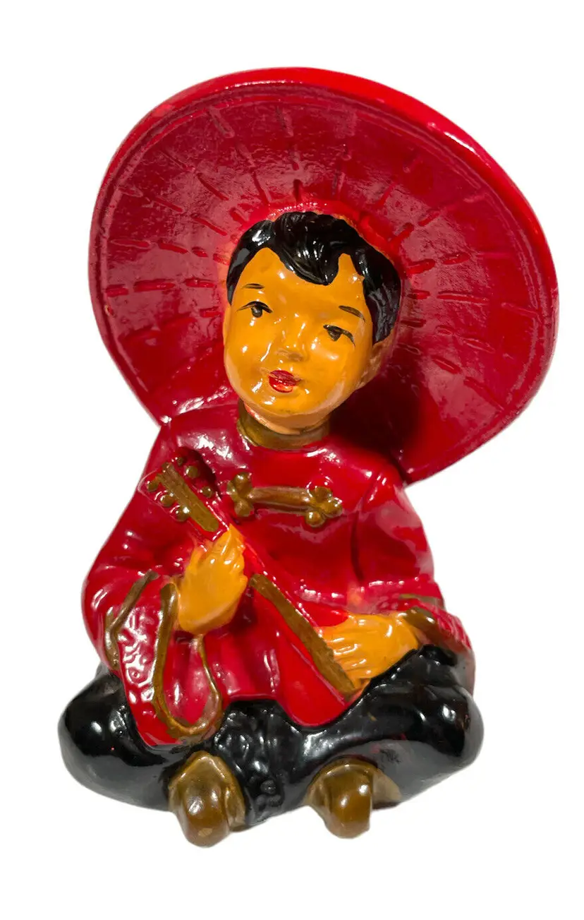 Chinese Boy Playing Instrument Figure Statue Vintage Chalkware Midcentury Asian