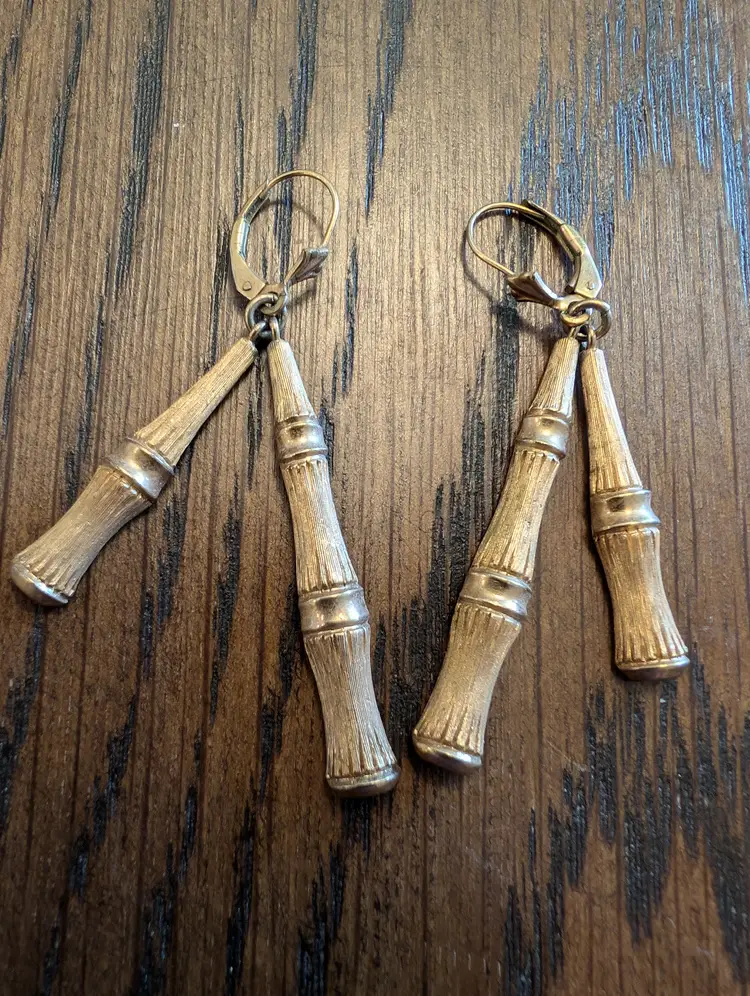 Pierced gold Tone Bamboo Dangle Earrings