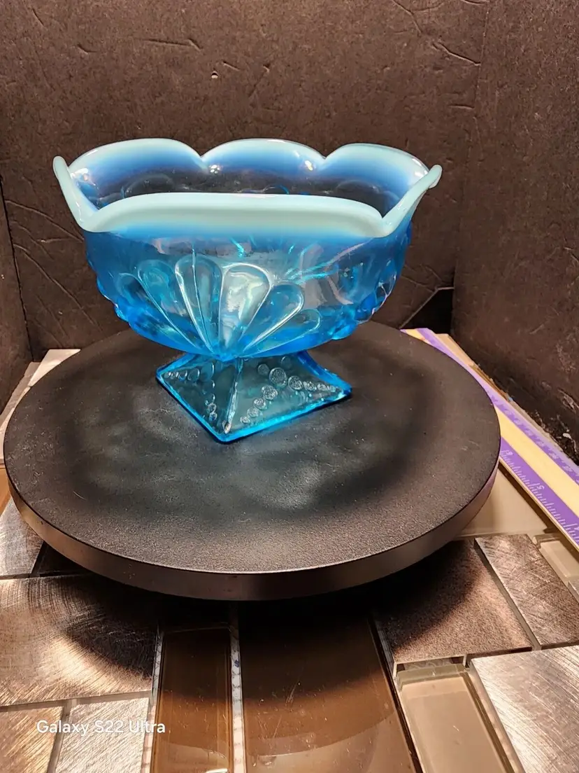 Antique Jefferson Blue Glass Shells and Dots Opalescent Pedestal Bowl