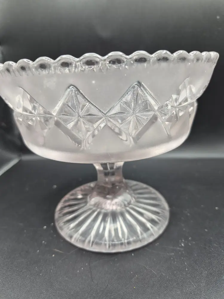 Vintage EPG Pressed Glass Pedestal Dish With Frosted Diamond Pattern Scalloped READ