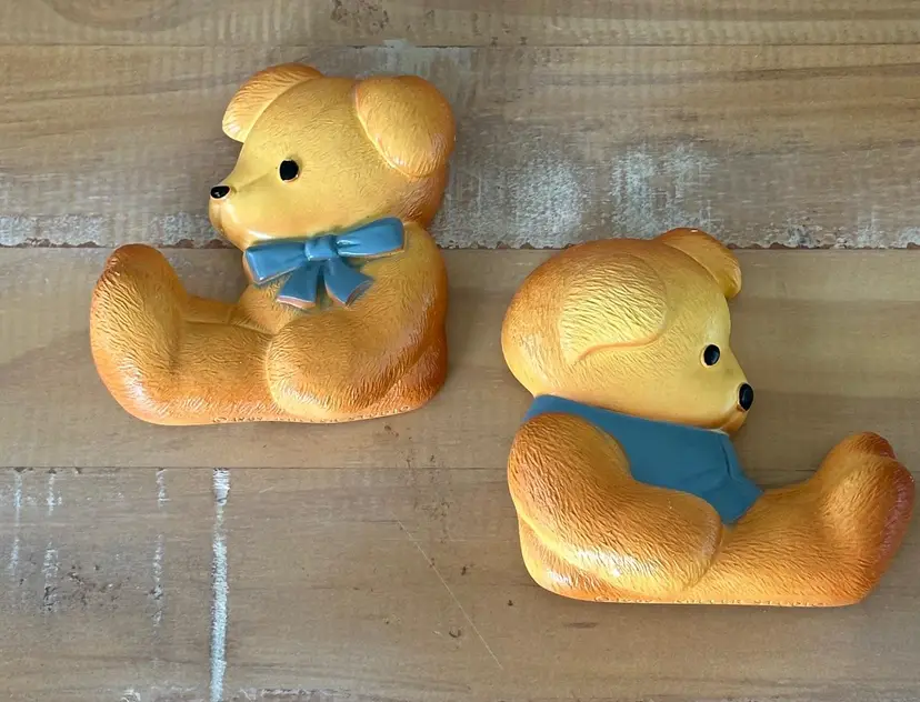 Set of 2 Miller Studio 1989 Vintage Teddy Bears in Blue Chalkware Nursery Decor