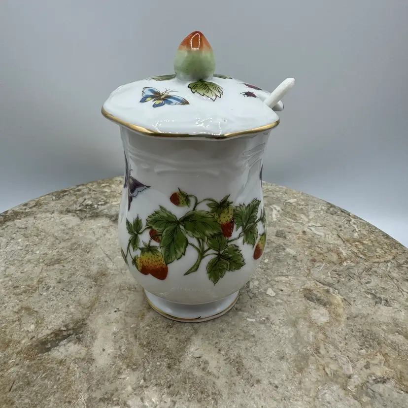 Vintage Lenwile Ardalt "Springtime" Porcelain Jelly Jar Featuring Strawberries Butterflies & Ladybugs