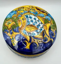 Colorful Pottery Trinket Box With Fish Design Italy
