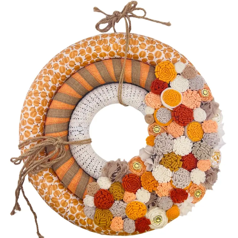Gorgeous Fall Autumn Wreath 🍂 Handmade Triple Wrapped Fabric, Burlap and Lace Wreath with Cute Pumpkin Print and Handmade Felt Florals 16”