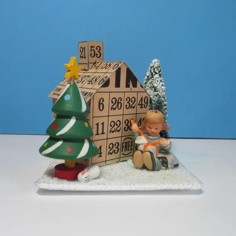 vintage crafted Bingo card house with cat Christmas tree and girl winter scene