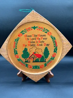 Wall Hanging Plaque "Bless This House" Japan Wood Vintage 1960’s Hand Painted