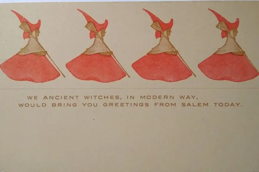 Halloween Postcard Ancient Salem Witches With Brooms Unused Witchcraft Undivided