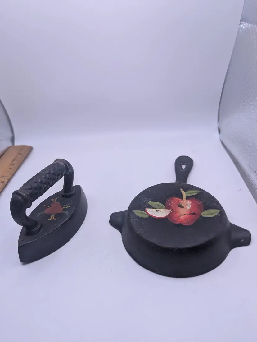 Vintage Cast Iron Miniature Skillet Ashtray Apple Design and Iron Set with Heart Design