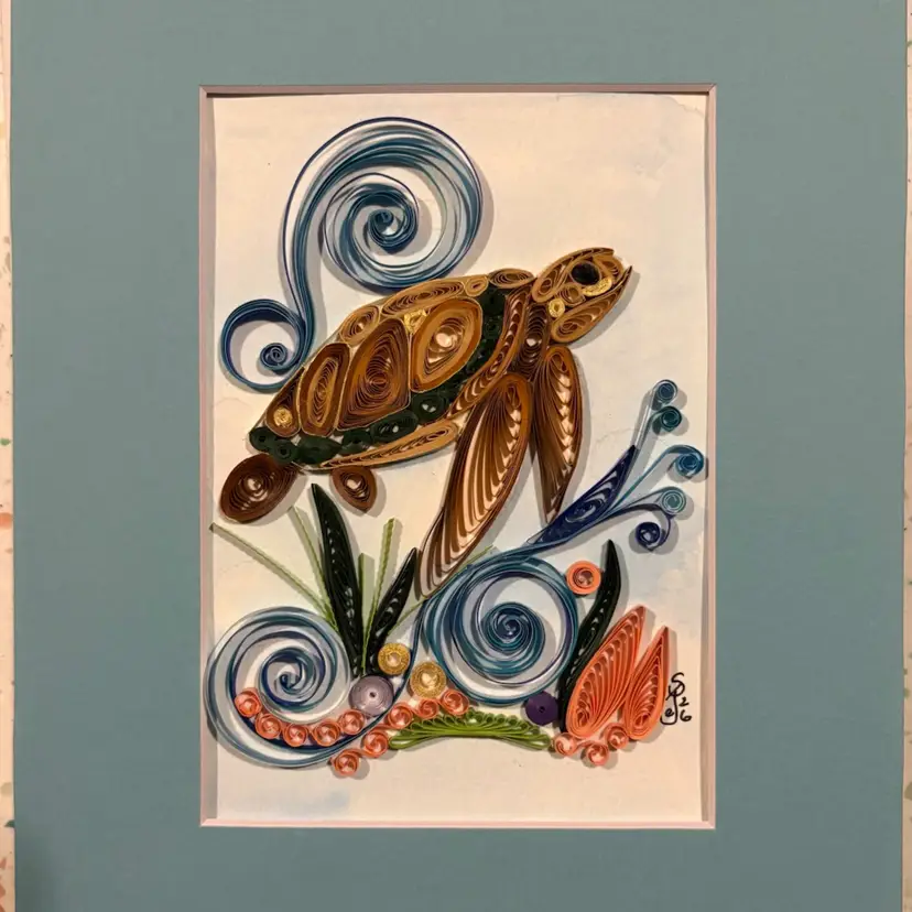Quilled Turtle With Waves 5 X 7” Original In 8 X 10” Blue Matte