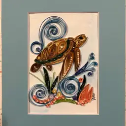 Quilled Turtle With Waves 5 X 7” Original In 8 X 10” Blue Matte
