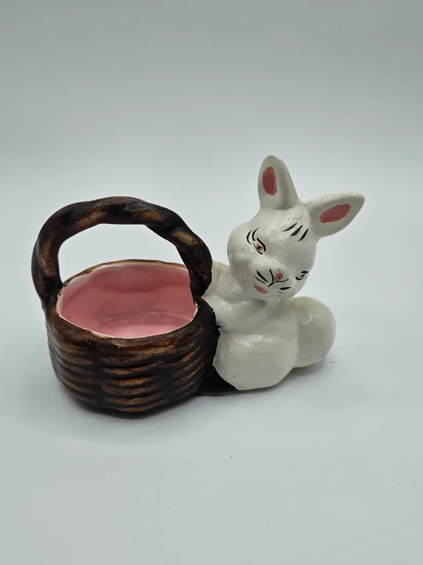 Ceramic White Bunny w/Basket Figurine, Planter