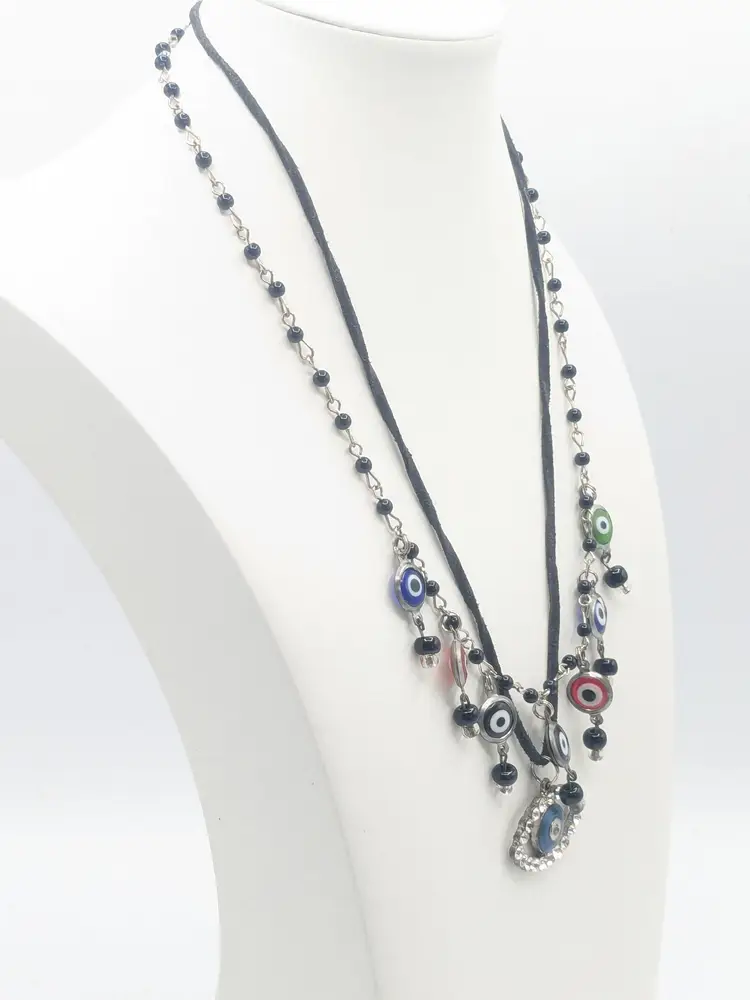 Evil Eye Charm Necklace with Rhinestone Accents Silver Tone READ