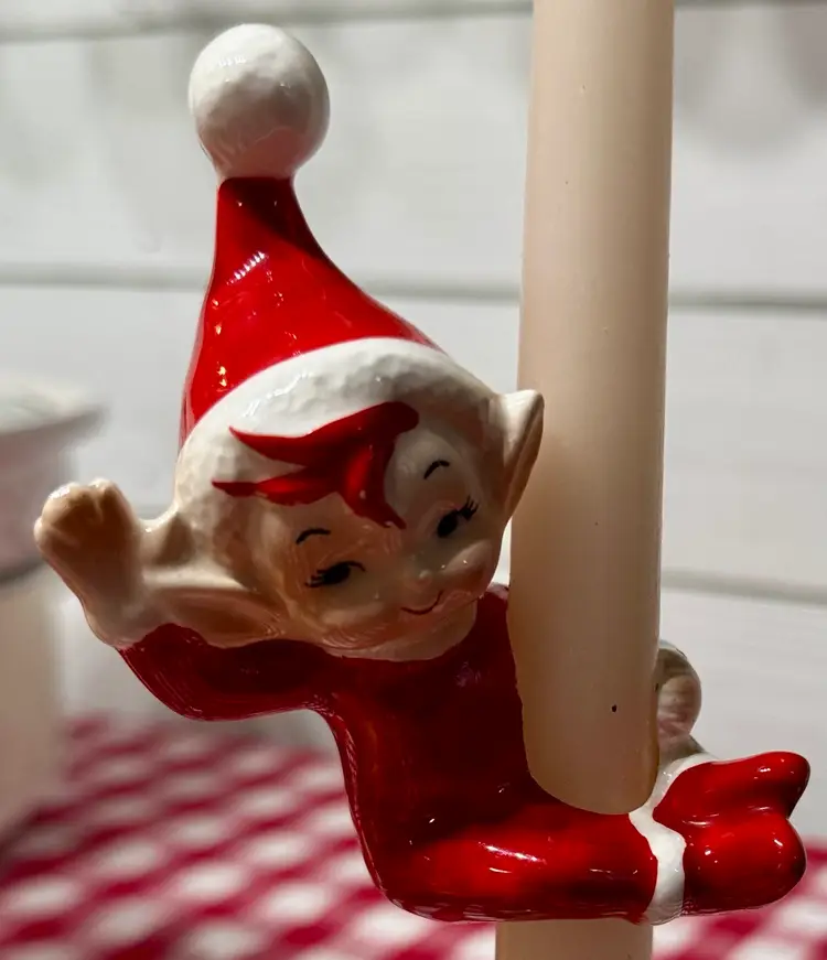 Vtg Christmas Candle Hugger Elf Waving Japan