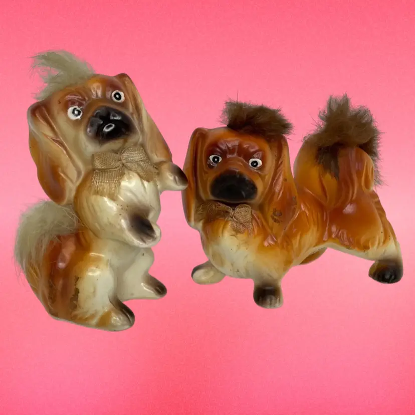 2 Vintage Brinns Ceramic Pekingese Dog Figurines Real Fur & Bow Japan Kitschy