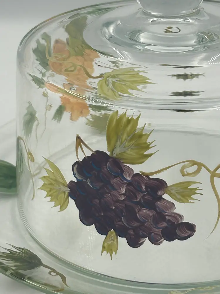 Vintage Hand, Painted Glass, Covered Cheese, Dish, Grapevine Design, Home Essentials