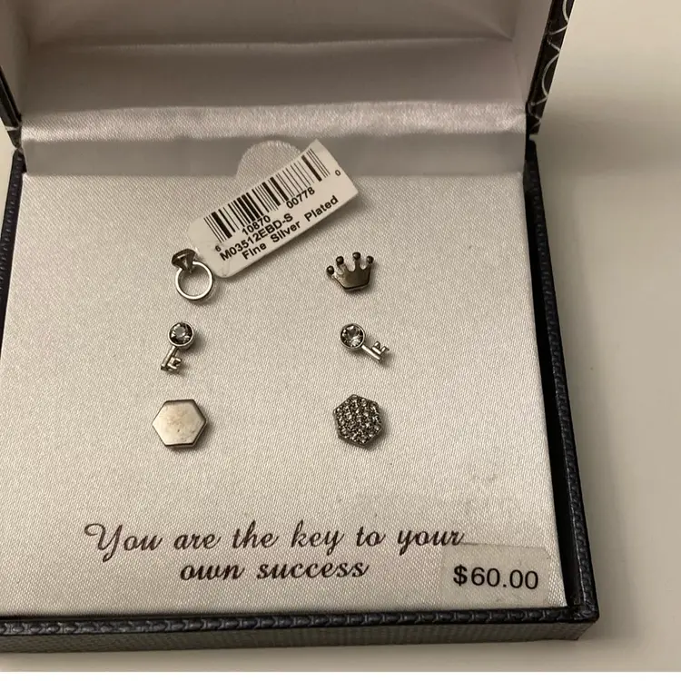 Set of 6 Charming Inspirations Silver Plated Swarovski Crystal Charm Earrings NOS In Box