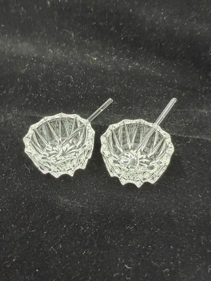 2 Vintage Starburst Clear Glass Open Salt Cellar/dips W Spoons Glow Pink