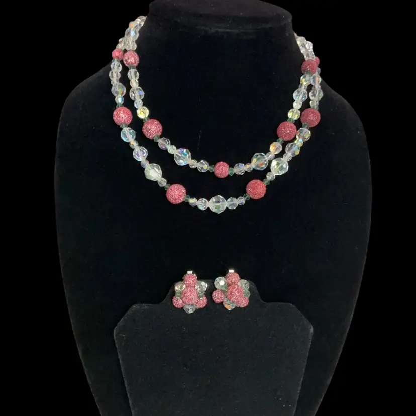 Beautiful Vintage Double Strand  Choker With AB Glass And Pink Sugar Beads . And Matching Clip On Earrings. Not Signed