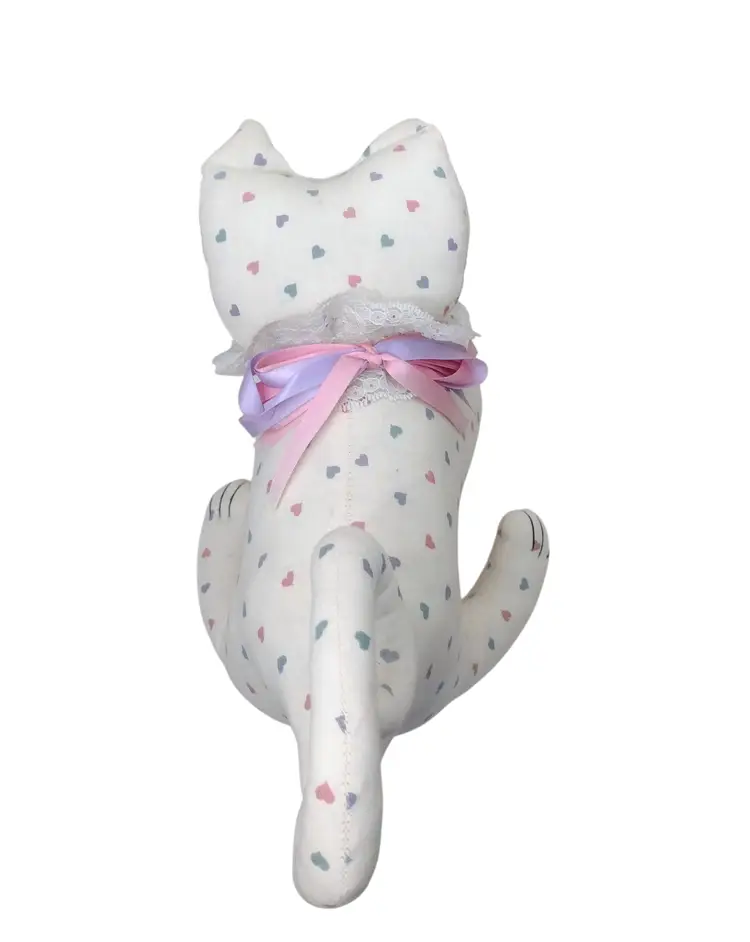 Vintage Handmade Fabric Stuffed Playful Cat Figure Hearts Kitsch READ