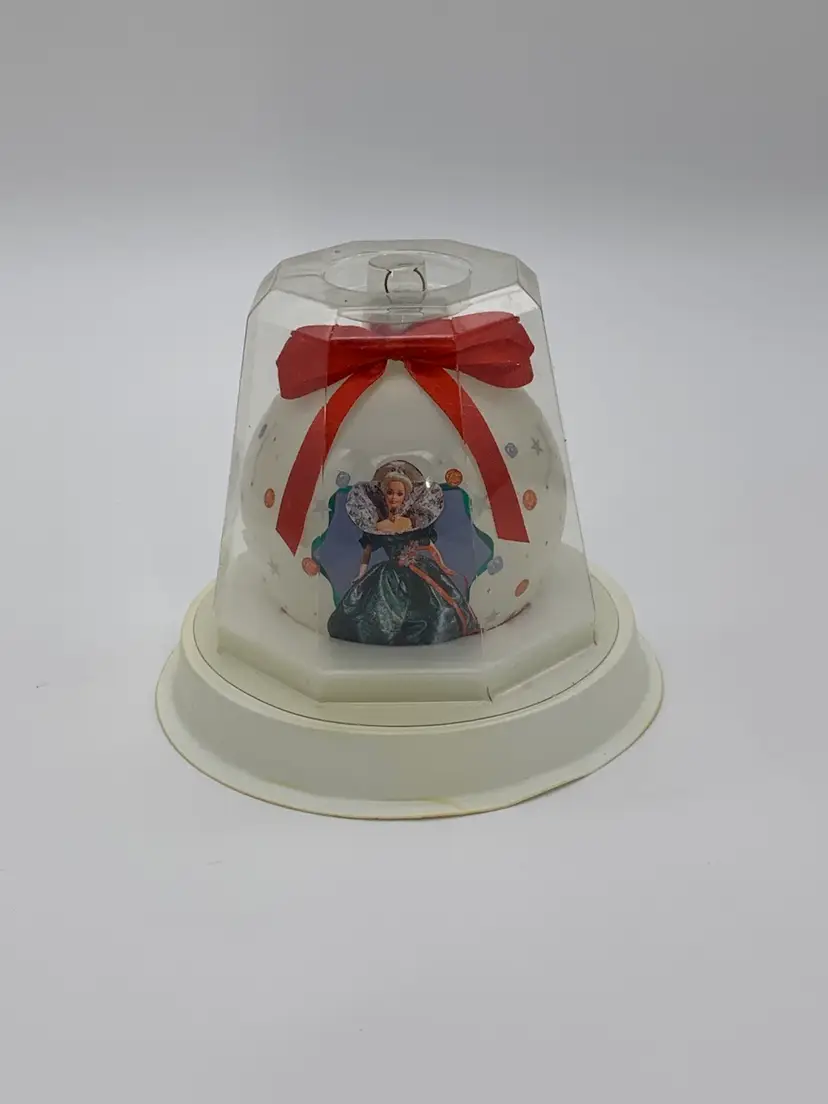 Vtg. 1995 Collectible MATTEL Barbie Round Glass Christmas Ornament With Display
