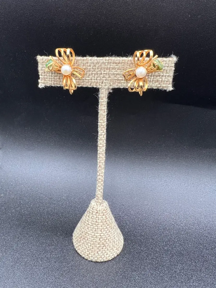 Adorable Clip Ons Golden Bow Style Earrings With A Faux Pearl And A Green Stone