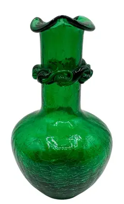 Vintage Pilgrim Art Glass Small Bud Vase Emerald Green Crackle Ruffled Wave 5”