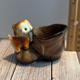 Enesco VTG Puppy On Shoe Toothpick Holder No Cracks Or Chips