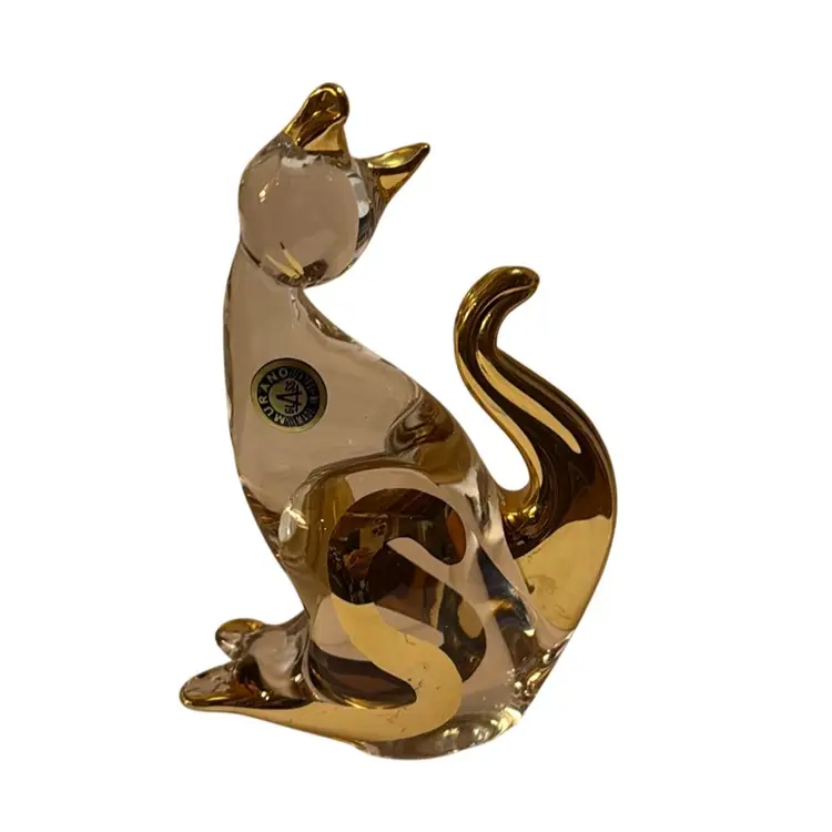 Murano Vintage Art Glass Gold Overlay Clear Cat Paperweight Figurine - Original Sticker - 5”