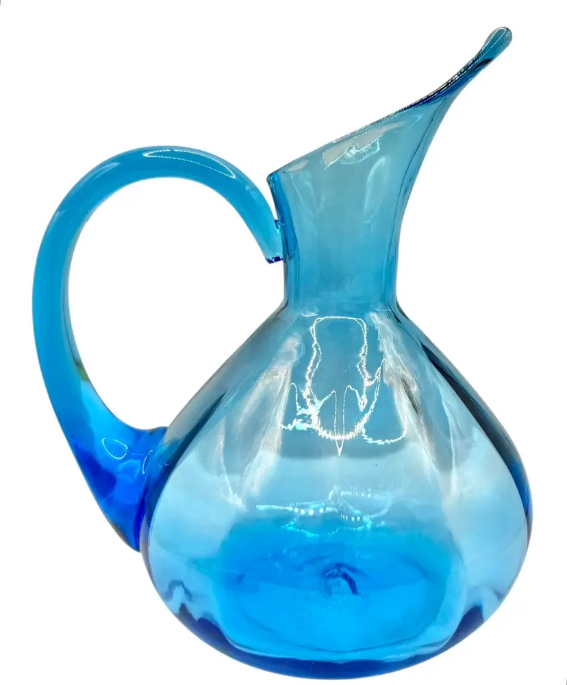 Vintage Blue Hand Blown Glass Pitcher Jug Paneled Optic Applied Handle 7.75”