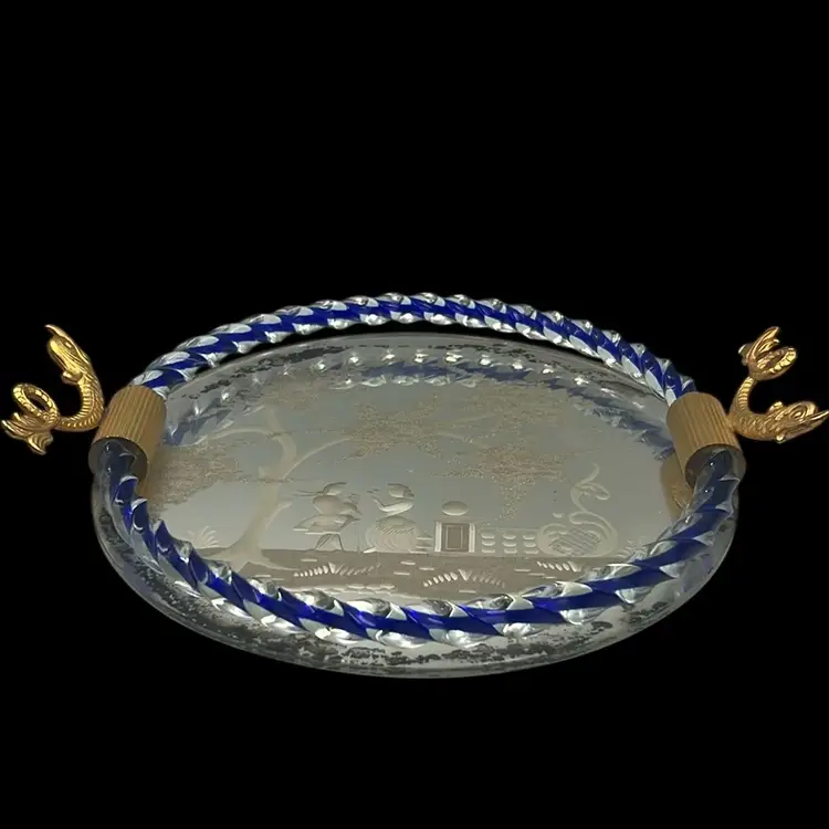 Vintage Murano Venetian Etched Glass Vanity Tray Twist Blue Rope Edge Fish Handles 12.5”