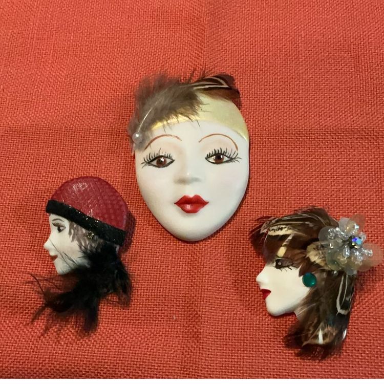 Lot Of Three Gorgeous Ladies Figures From 20s Through 40s~  Possibly Handmade. Ceramic Heads.