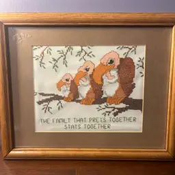 Crosstitch Framed Buzzards With Saying “ The Family That Preys Together Stays Together”  wooden frame 12 1/2” x 15 1/2”