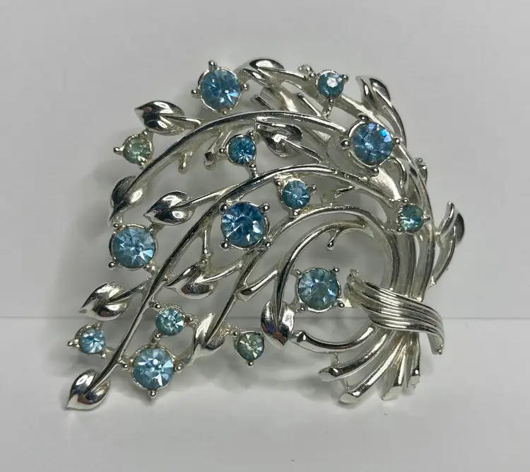 Silver Tone Blue Coro Flower Brooch Vintage