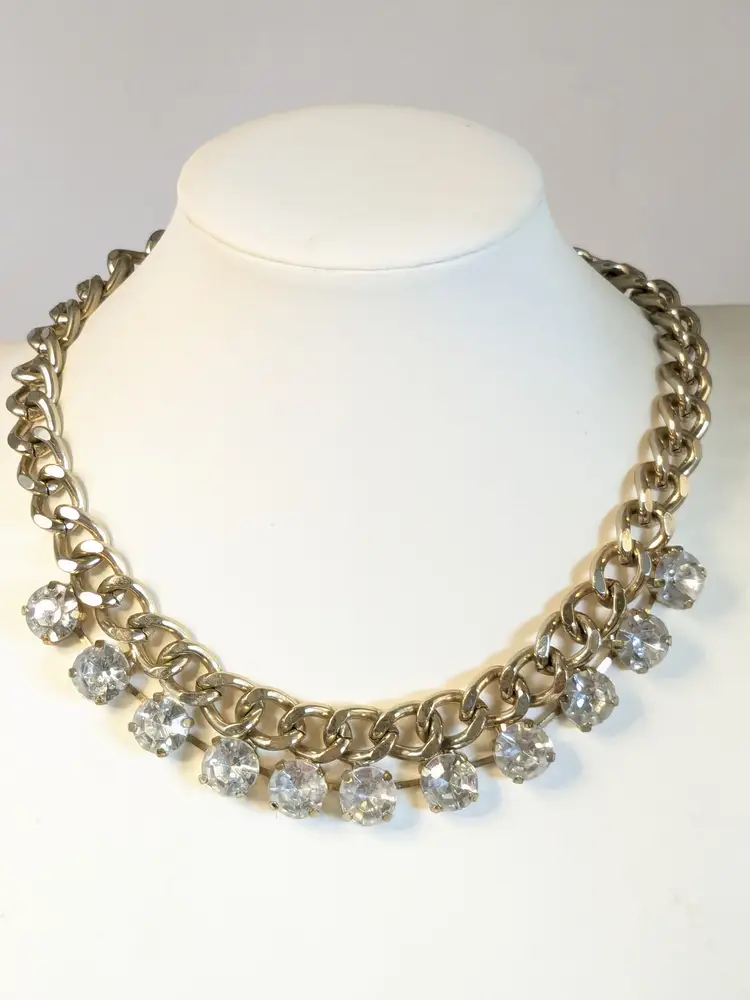 Chunky Gold Tone Curb Chain Statement Necklace with Rhinestones
