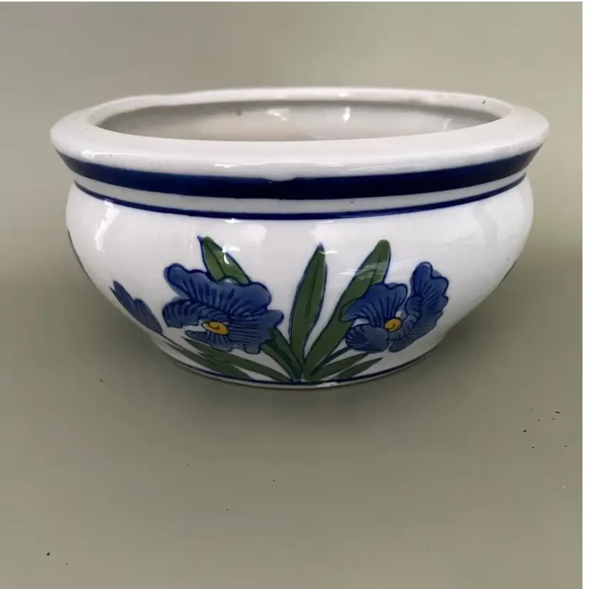 Vintage Purple Japanese Iris Flowered Porcelain Round Bonsai Planter