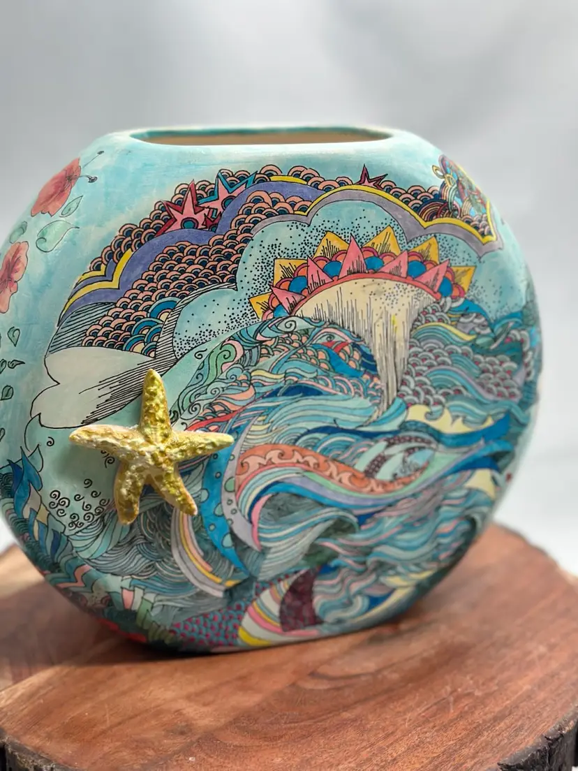 Artist Painted Signed Vase Object Undersea Ocean Marine Fish with 3D Urchins