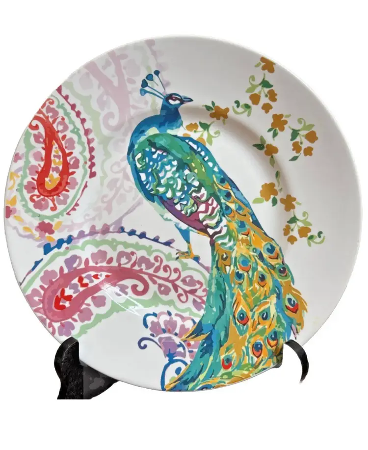 222 Fifth Andalusia Peacock Paisley Floral Multicolor Salad Plates ~ Lot/4