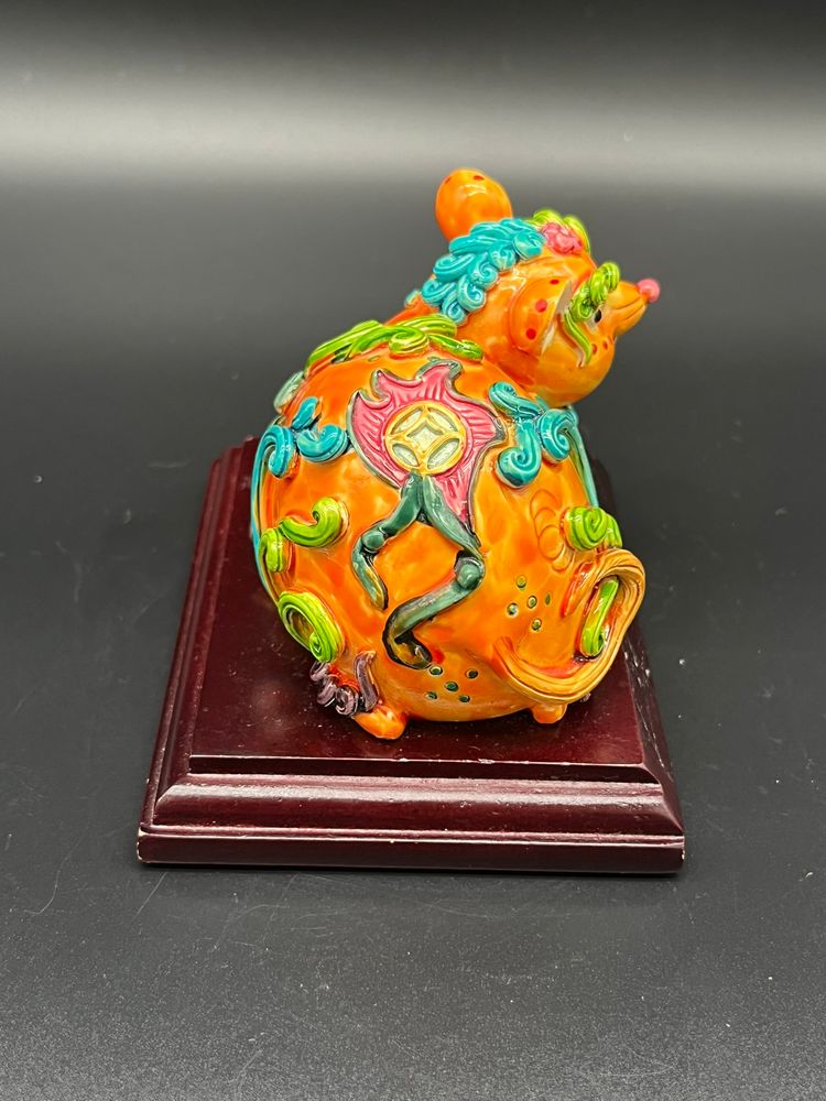 Hand-Painted Ceramic Rat Figurine on Wood Base - Zodiac Decor, Artisan Folk Art