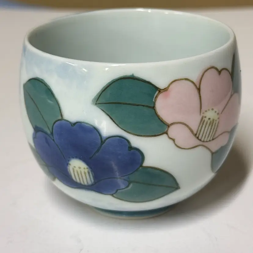 Hand-Painted Floral Porcelain Tea Cup - Blue & Pink