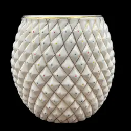 #221A Belleek Porcelain Biscuit Jar Missing Lid. Quilted Diamond With Unique Multicolor Points And Gold Highlights 
Green Belleek Ireland Mark On Bottom.