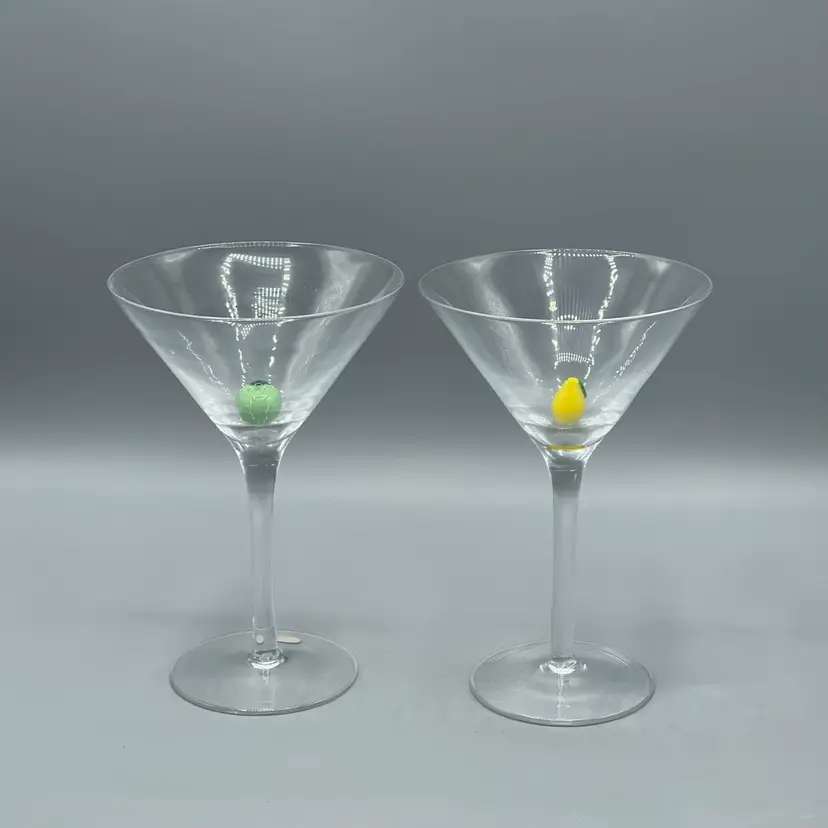 Pair Contemporary Art Glass Fruit Martini Glasses Apple Pear