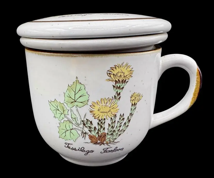 Vintage Ceramic Tea Mug Cup Strainer Coaster Lid Set Yellow Floral Botanical 8oz