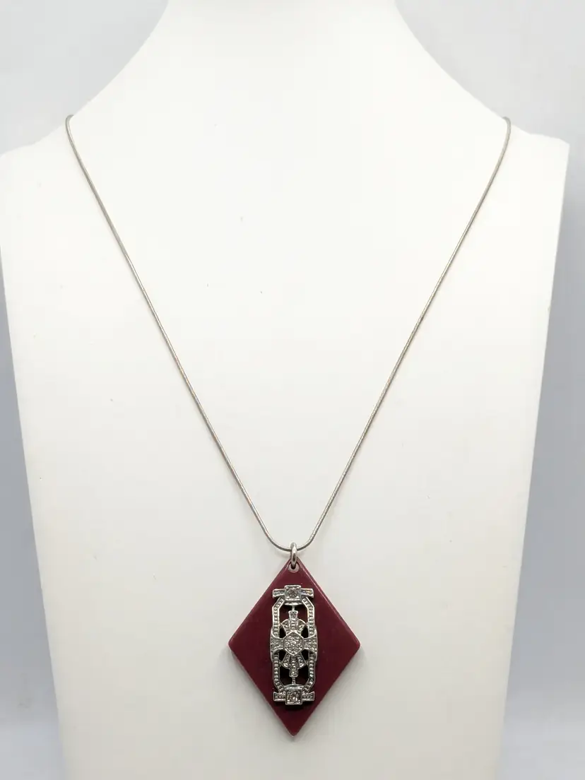 Vintage Silver Tone Art Deco Style Rhinestone Pendant Necklace